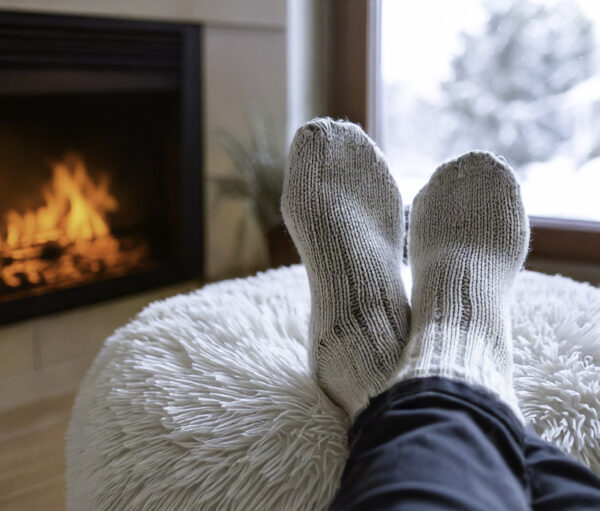 A pair of warm knitted socks is resting on a plush fabric footstool, with a crackling fireplace glowing in the background, creating a cozy winter atmosphere. There is a window and snow outside